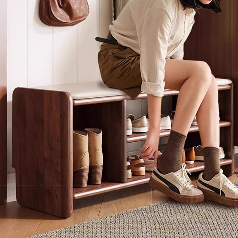 Two-Tier Solid Wood Shoe Bench with Padded Seat for Entryway Storage