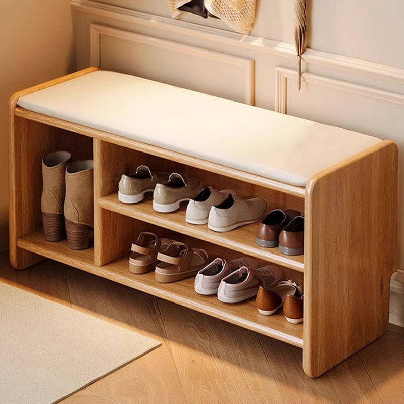 Two-Tier Solid Wood Shoe Bench with Padded Seat for Entryway Storage