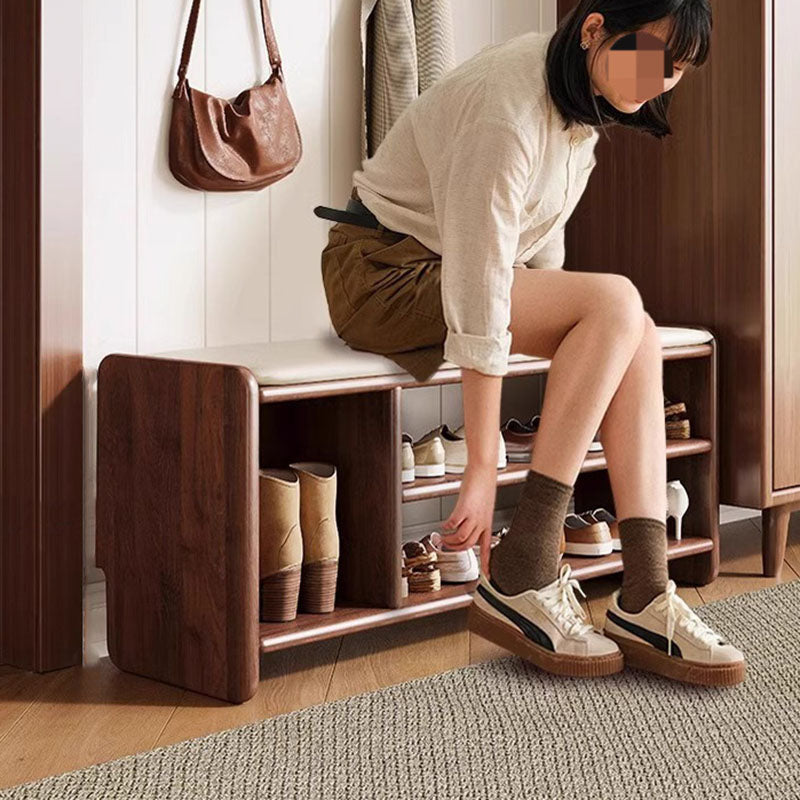 Two-Tier Solid Wood Shoe Bench with Padded Seat for Entryway Storage