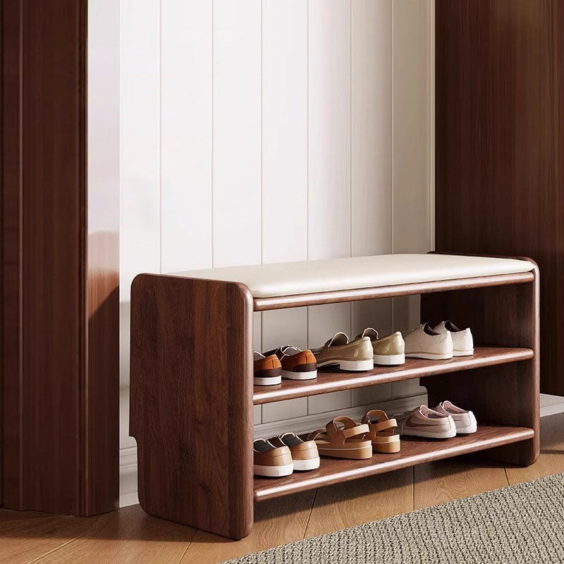 Two-Tier Solid Wood Shoe Bench with Padded Seat for Entryway Storage