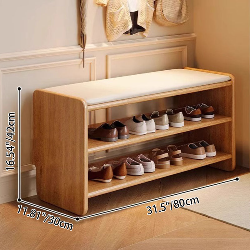 Two-Tier Solid Wood Shoe Bench with Padded Seat for Entryway Storage