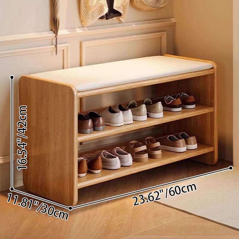 Two-Tier Solid Wood Shoe Bench with Padded Seat for Entryway Storage