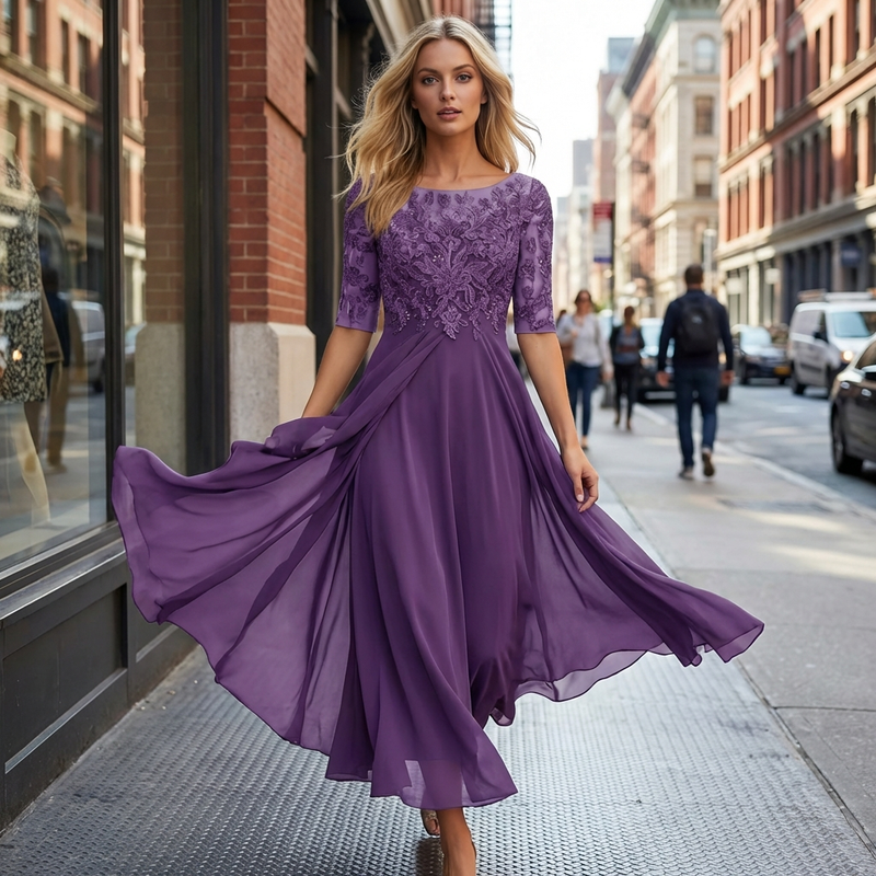 Elegant Midi Dress with Lace Detail and Flowing Skirt for Festive Occasions