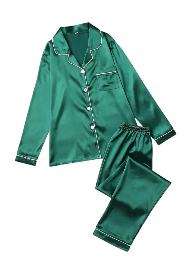 Ladies Satin Pyjama Set – Long Sleeves with Classic Collar