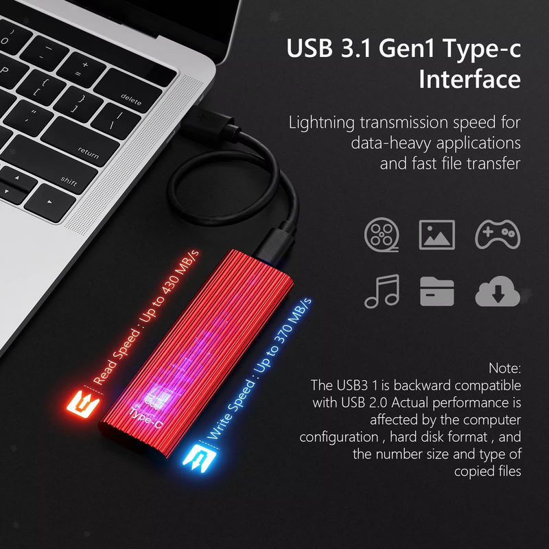 Portable External SSD with USB 3.1 Connection for File Storage