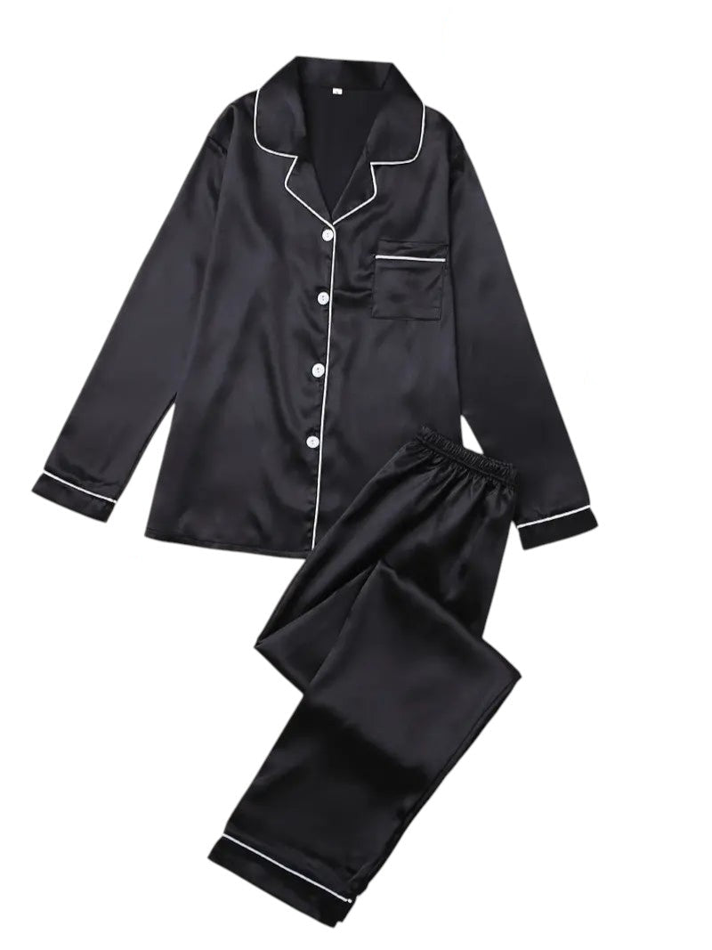 Ladies Satin Pyjama Set – Long Sleeves with Classic Collar