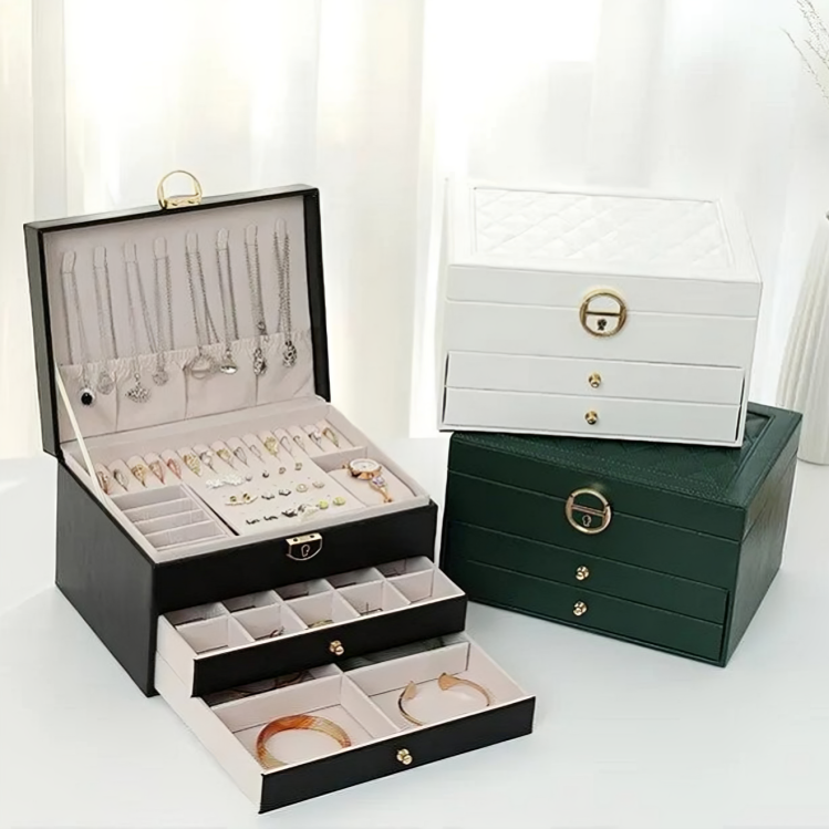 Luxury Multi-Layer Jewellery Organiser – Compact Storage Box with Drawers and Lock
