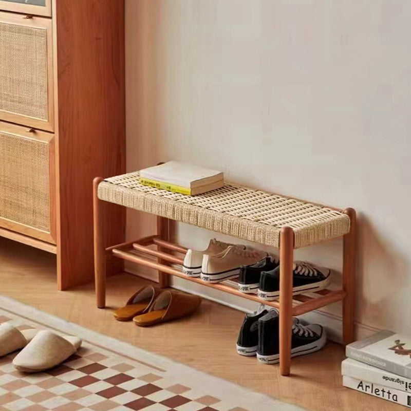 Japanese Cherry Wood Bench with Woven Cowhide Rope Seat