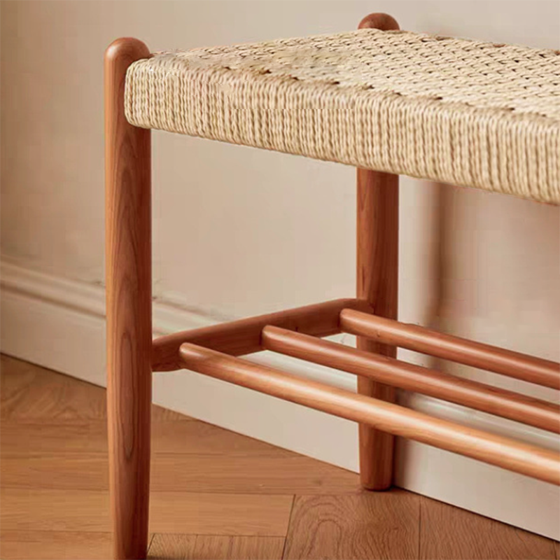 Japanese Cherry Wood Bench with Woven Cowhide Rope Seat