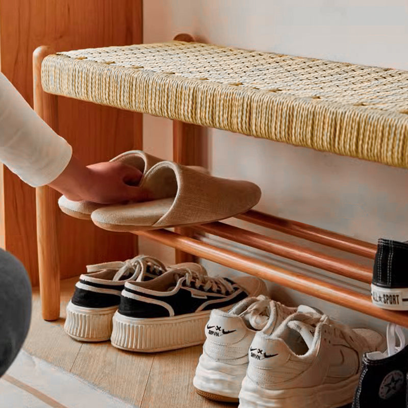 Japanese Cherry Wood Bench with Woven Cowhide Rope Seat