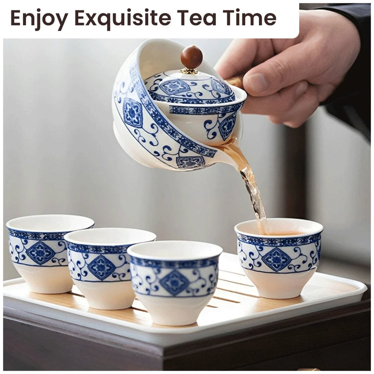 Porcelain Gongfu Tea Set with Wooden Side Handle & Fitted Lid