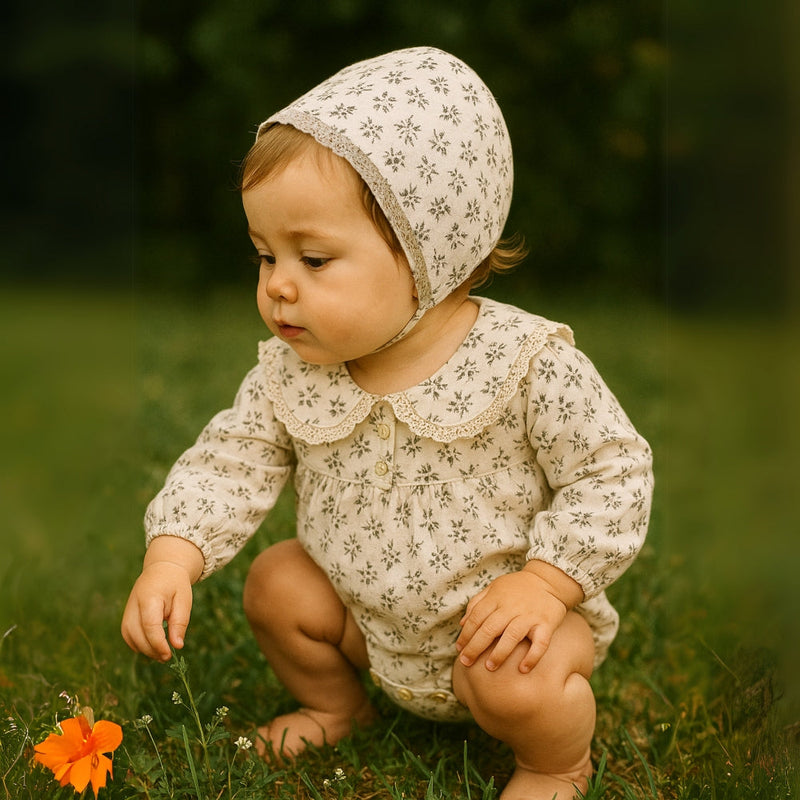Baby Romper Set for Girls with Floral Print and Bonnet
