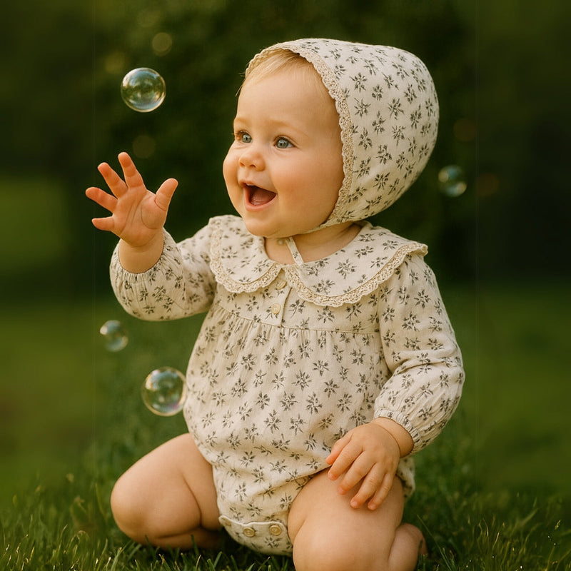 Baby Romper Set for Girls with Floral Print and Bonnet