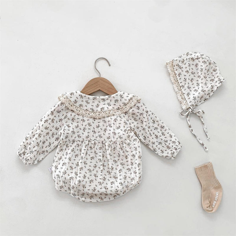 Baby Romper Set for Girls with Floral Print and Bonnet