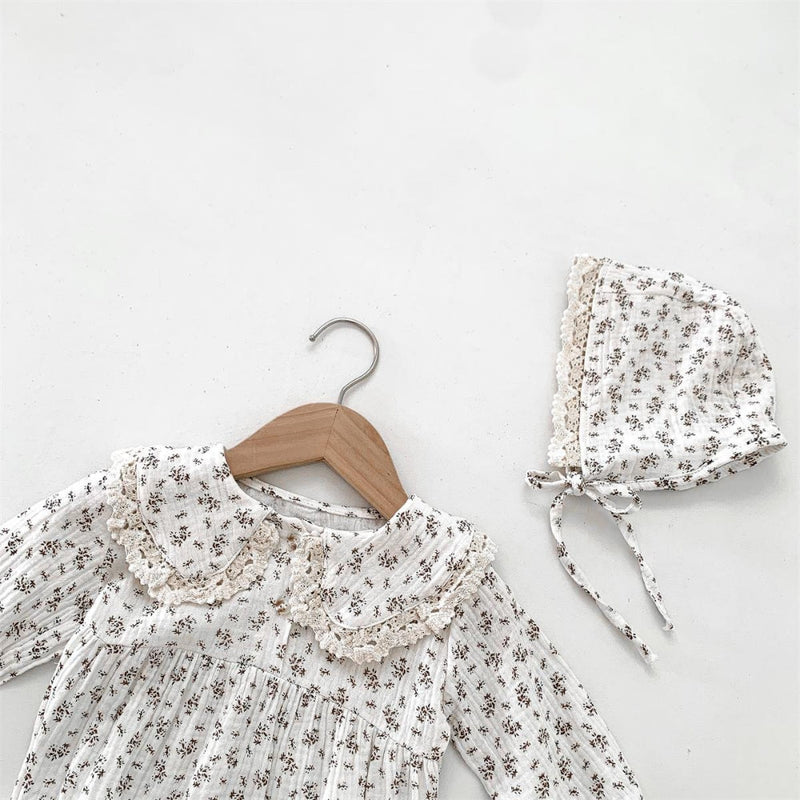 Baby Romper Set for Girls with Floral Print and Bonnet