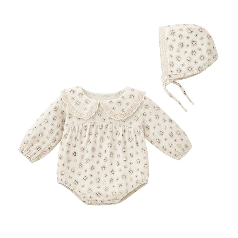 Baby Romper Set for Girls with Floral Print and Bonnet