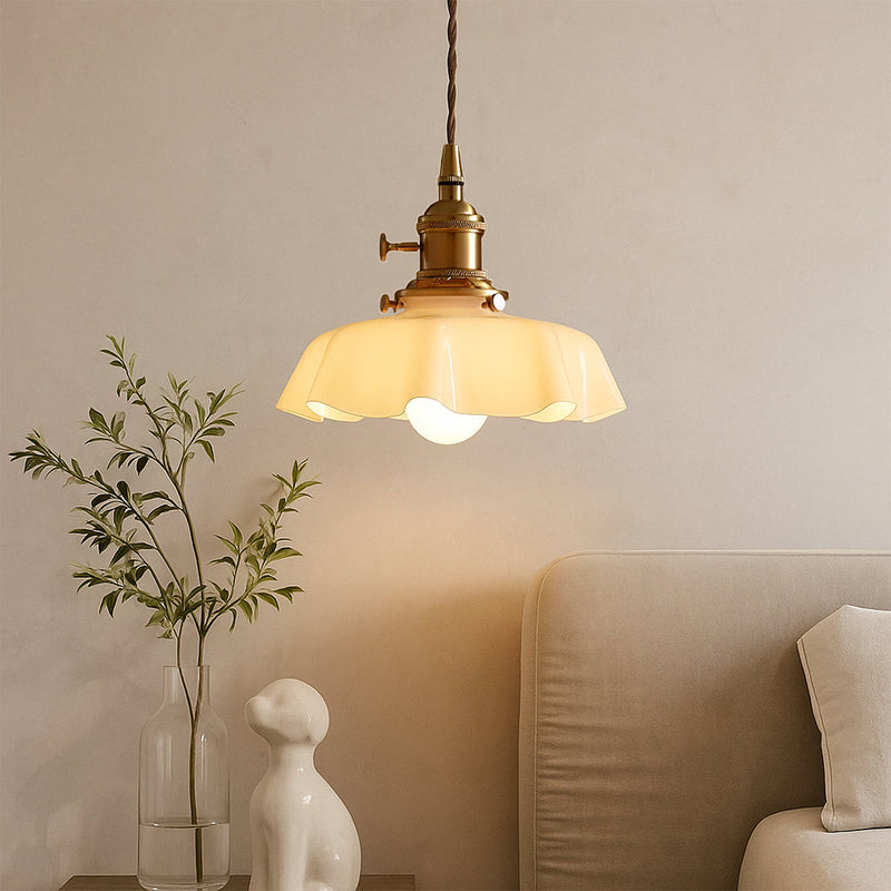 French-Style Scalloped Glass Pendant Light with Adjustable Cable