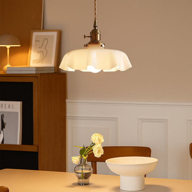 French-Style Scalloped Glass Pendant Light with Adjustable Cable