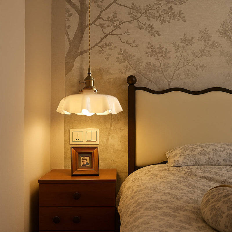 French-Style Scalloped Glass Pendant Light with Adjustable Cable