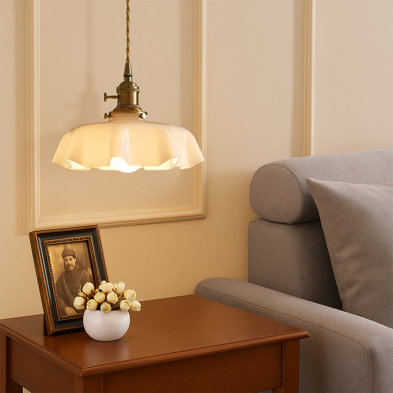 French-Style Scalloped Glass Pendant Light with Adjustable Cable