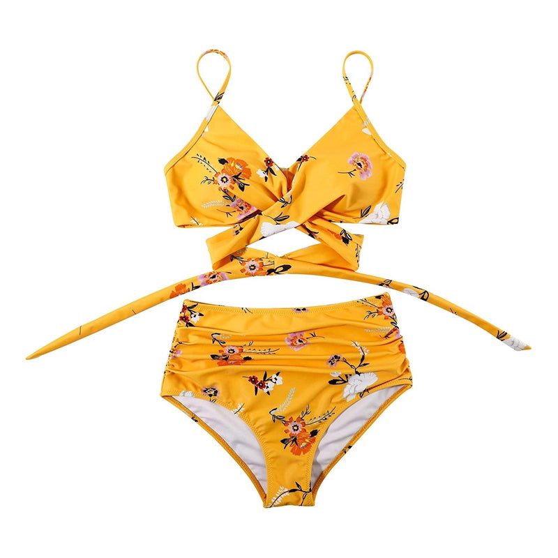 Ladies High Waist Bikini with Tropical Print and Pads