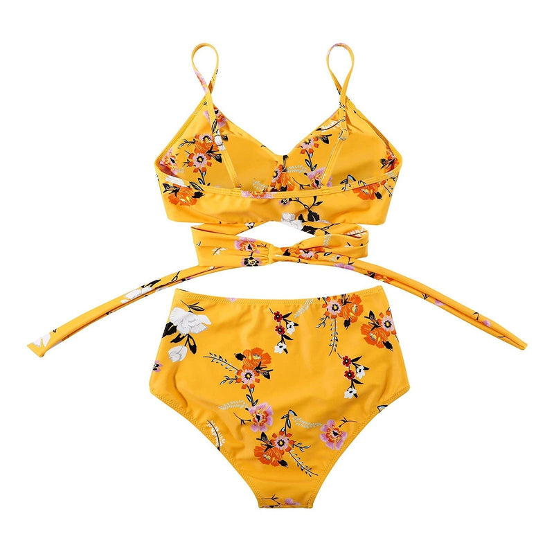 Ladies High Waist Bikini with Tropical Print and Pads