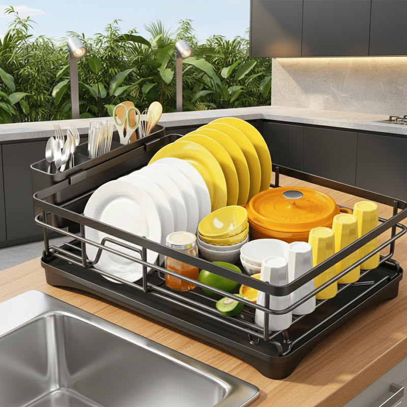Kitchen Dish Drying Rack with Integrated Drip Tray and Cutlery Holder