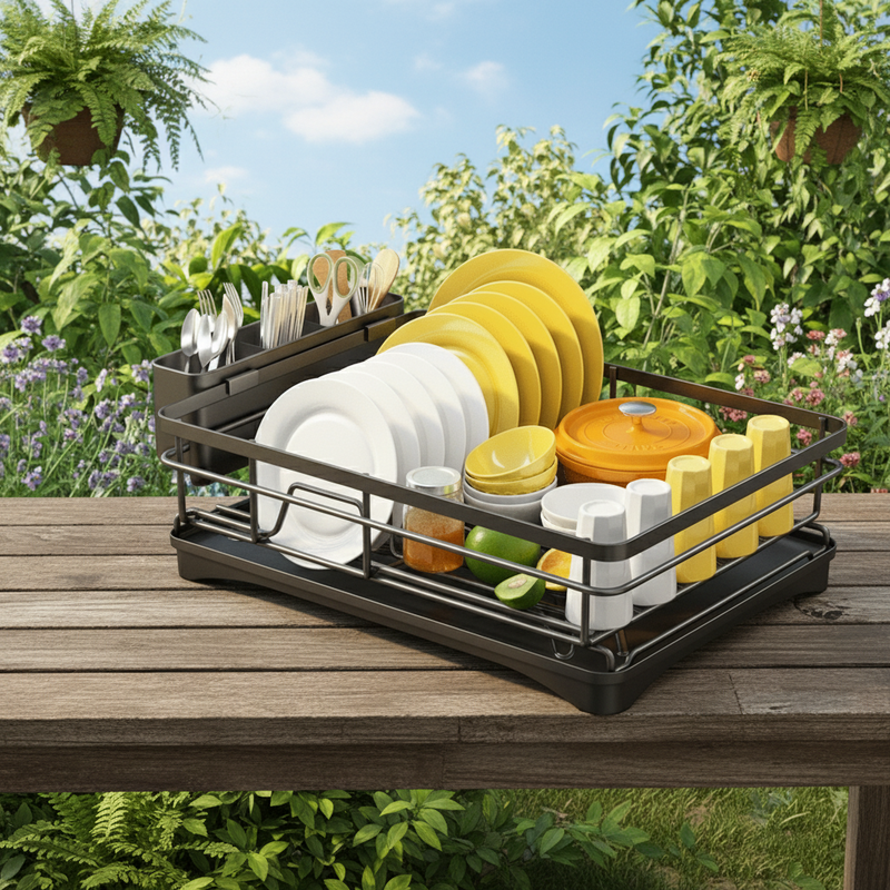 Kitchen Dish Drying Rack with Integrated Drip Tray and Cutlery Holder
