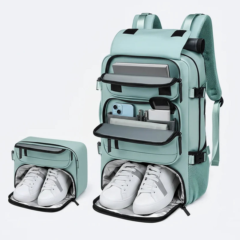 Water-Resistant Travel Backpack with USB Charging Port and Shoe Compartment