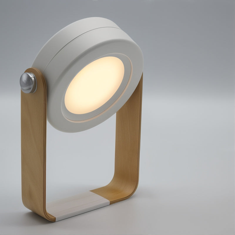 Dimmable LED Table Lamp with Wooden Frame and 360-Degree Adjustable Light
