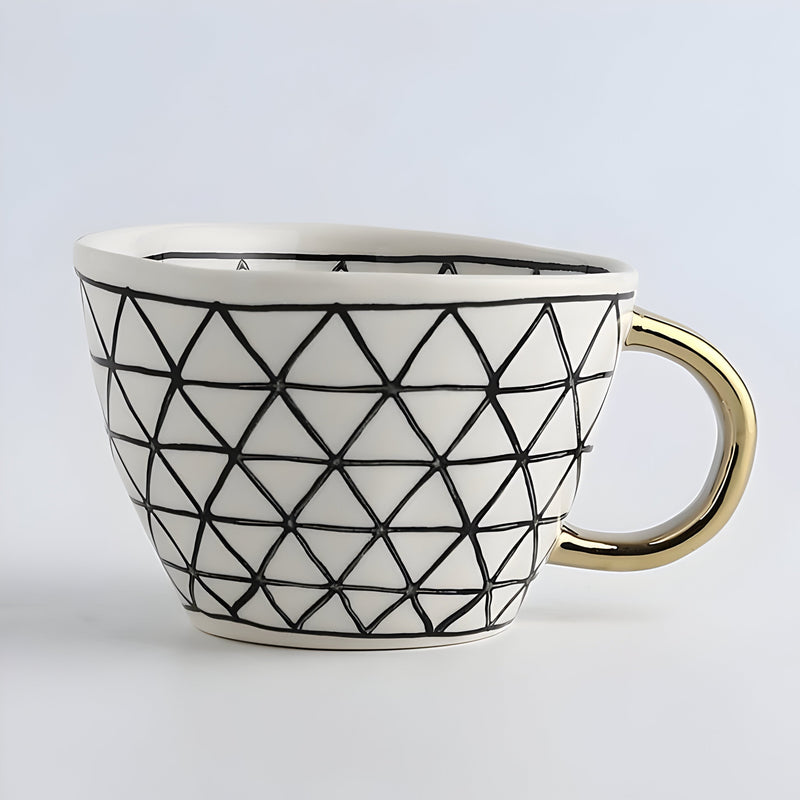 Geometric Ceramic Mug with Gold-Tone Handle for Coffee, Tea and Espresso
