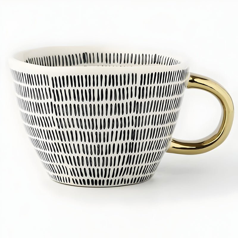 Geometric Ceramic Mug with Gold-Tone Handle for Coffee, Tea and Espresso