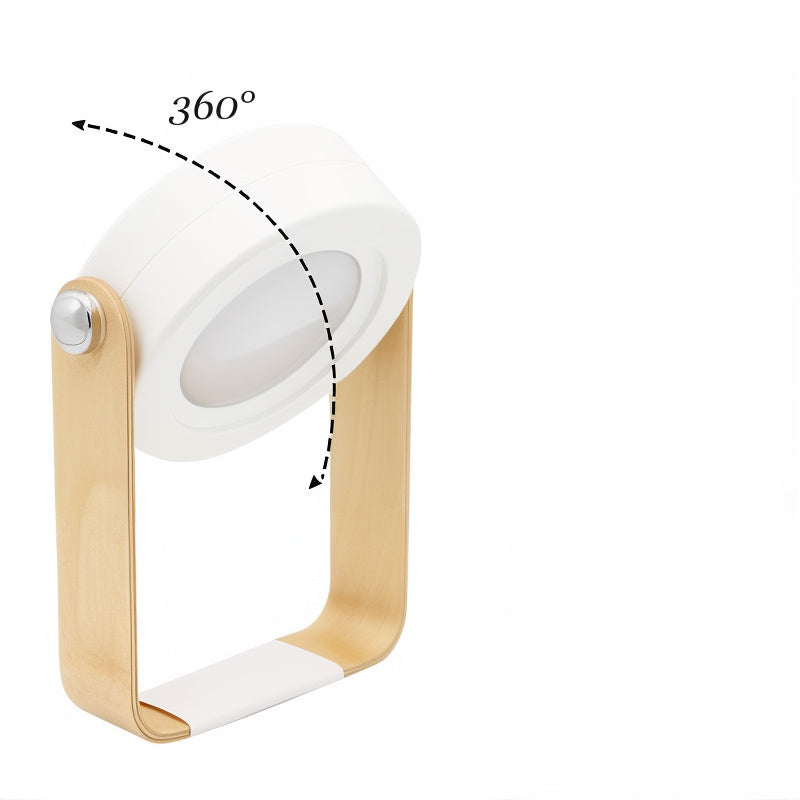 Dimmable LED Table Lamp with Wooden Frame and 360-Degree Adjustable Light