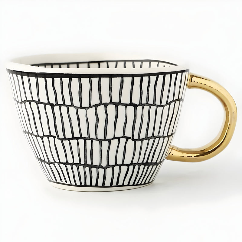 Geometric Ceramic Mug with Gold-Tone Handle for Coffee, Tea and Espresso