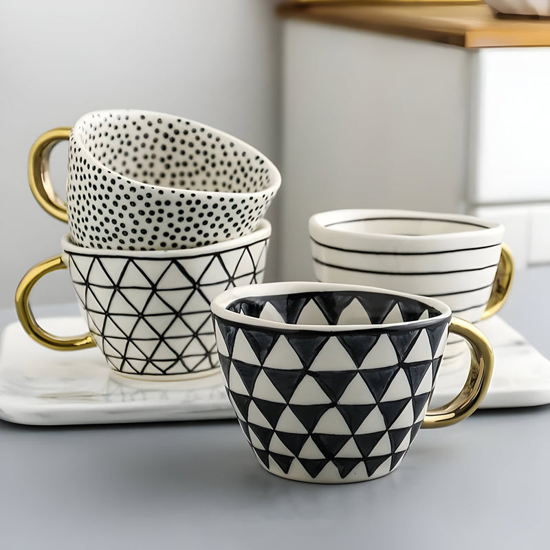 Geometric Ceramic Mug with Gold-Tone Handle for Coffee, Tea and Espresso