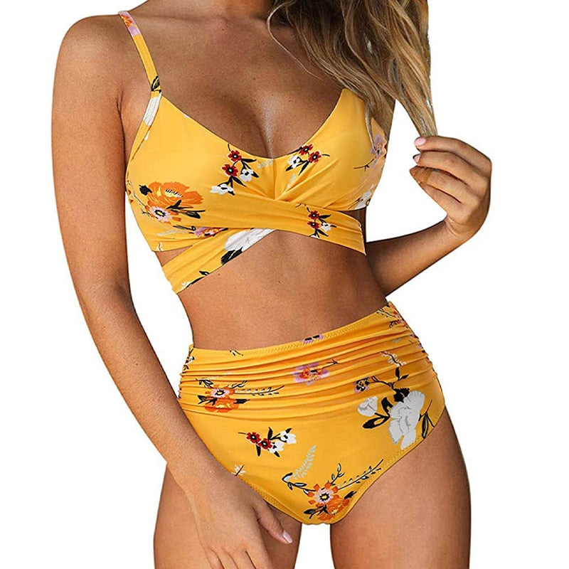 Ladies High Waist Bikini with Tropical Print and Pads
