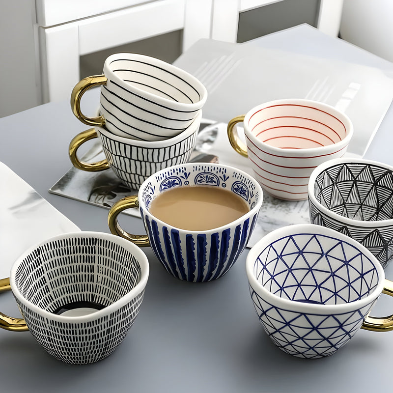 Geometric Ceramic Mug with Gold-Tone Handle for Coffee, Tea and Espresso