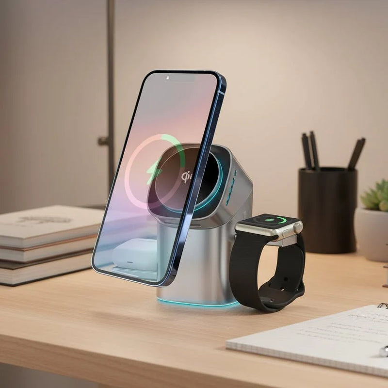 3-in-1 Rotating Wireless Charging Station for Phone, Watch & Earbuds