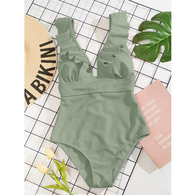 Swimsuit for Women with Ruffles and Deep V-Neck