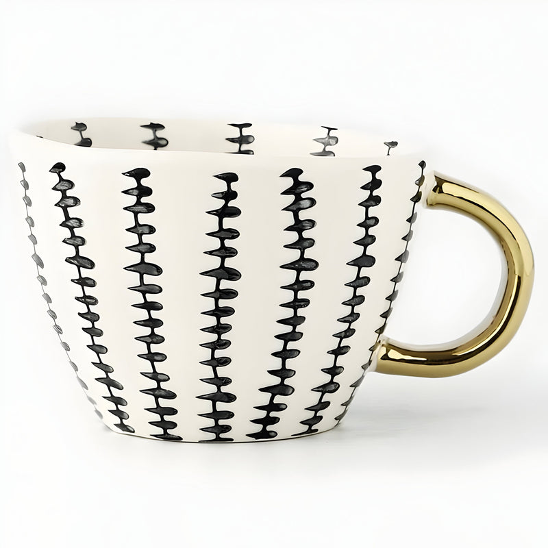 Geometric Ceramic Mug with Gold-Tone Handle for Coffee, Tea and Espresso