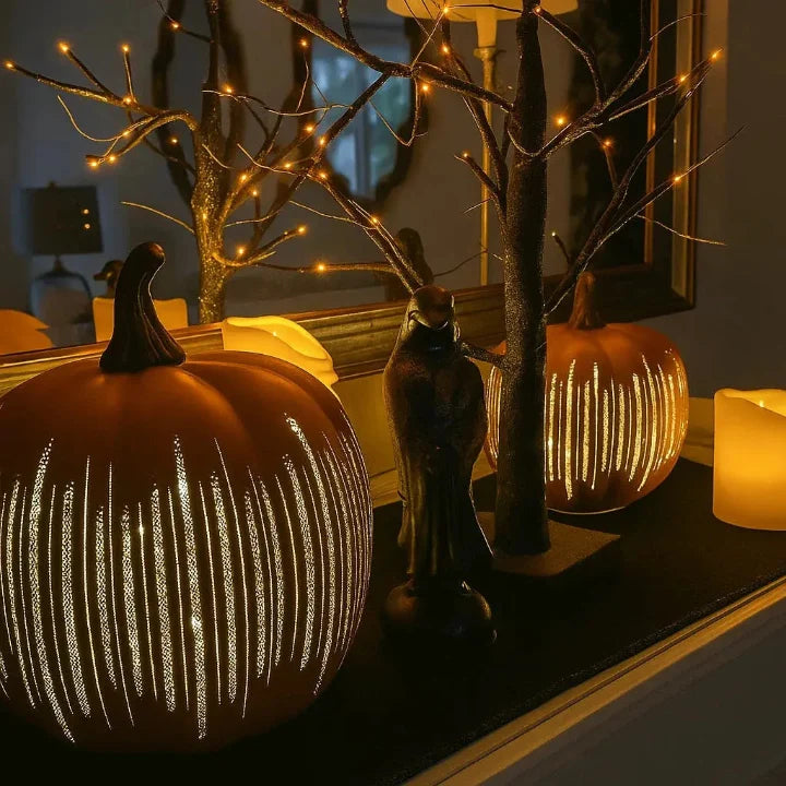 Pumpkin LED Light with Timer and Glitter Stripes for Autumn Decor