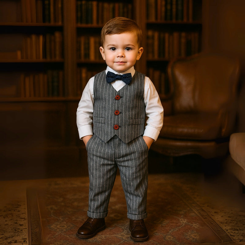 Boys' Formal Outfit Set for Babies and Toddlers with Pinstripe Waistcoat and Bow Tie for Special Occasions
