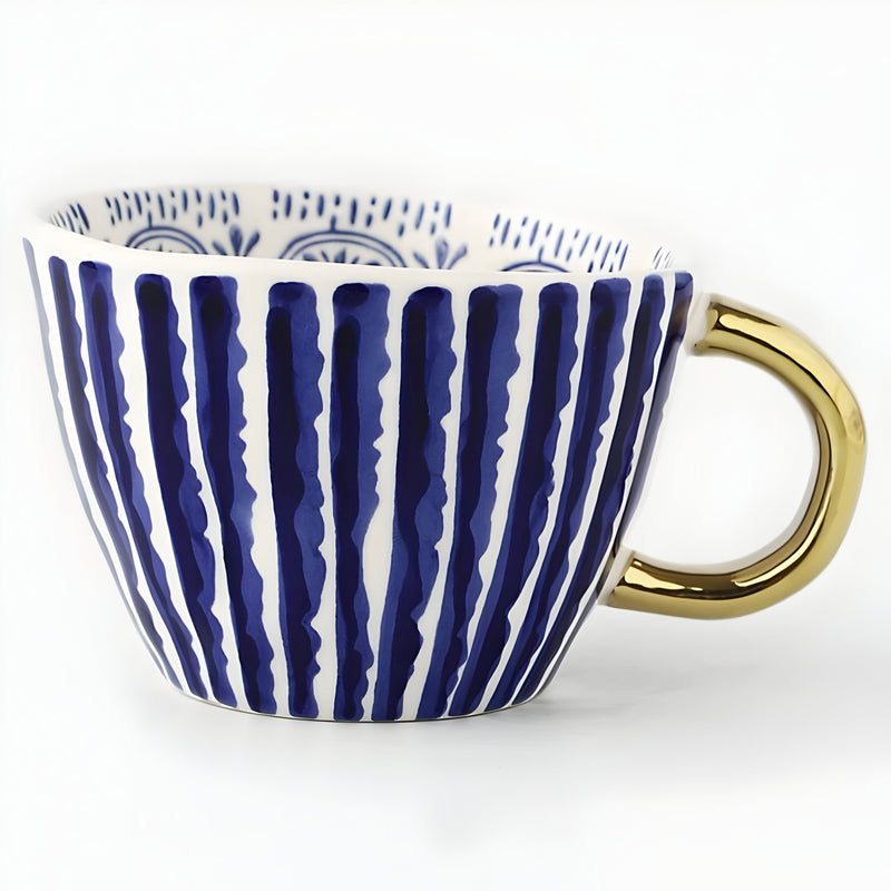 Geometric Ceramic Mug with Gold-Tone Handle for Coffee, Tea and Espresso