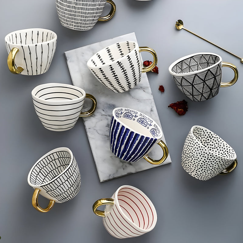 Geometric Ceramic Mug with Gold-Tone Handle for Coffee, Tea and Espresso