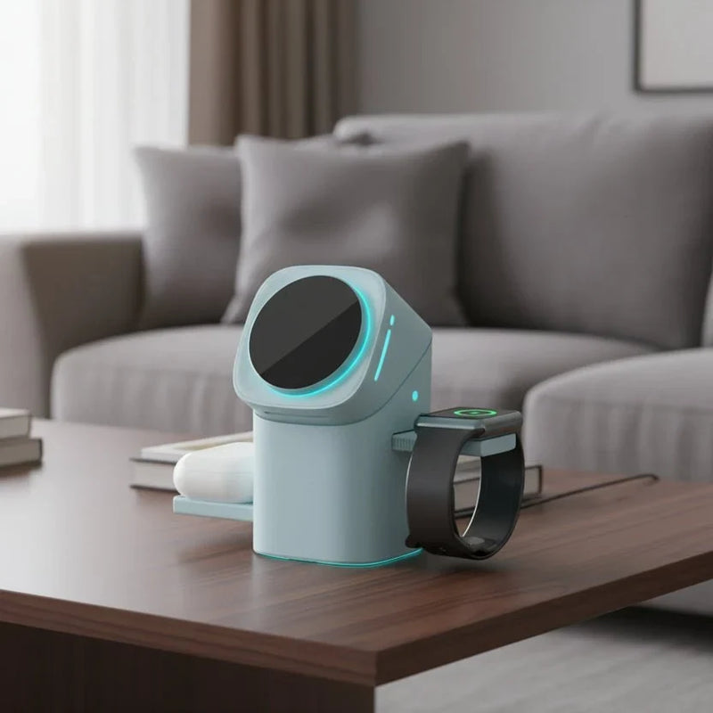 3-in-1 Rotating Wireless Charging Station for Phone, Watch & Earbuds
