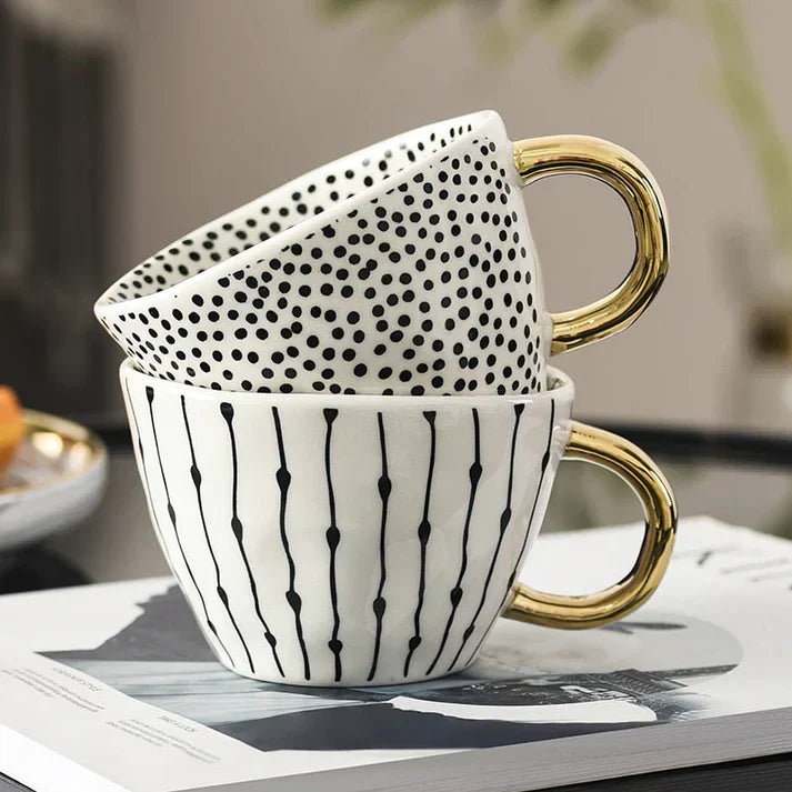 Geometric Ceramic Mug with Gold-Tone Handle for Coffee, Tea and Espresso