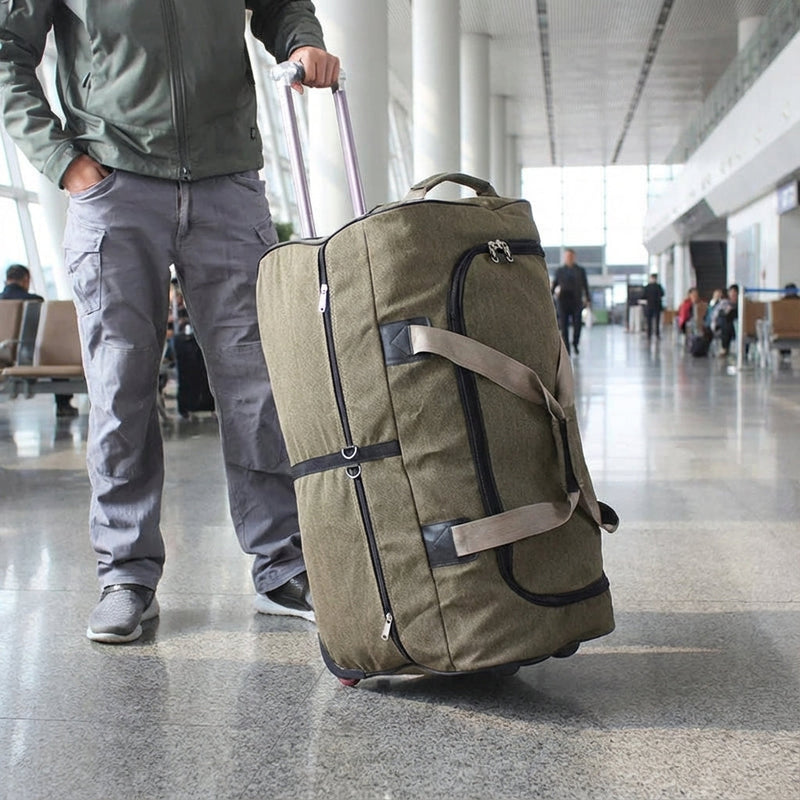 Wheeled Canvas Travel Duffel with Telescopic Handle and Zipped Pockets