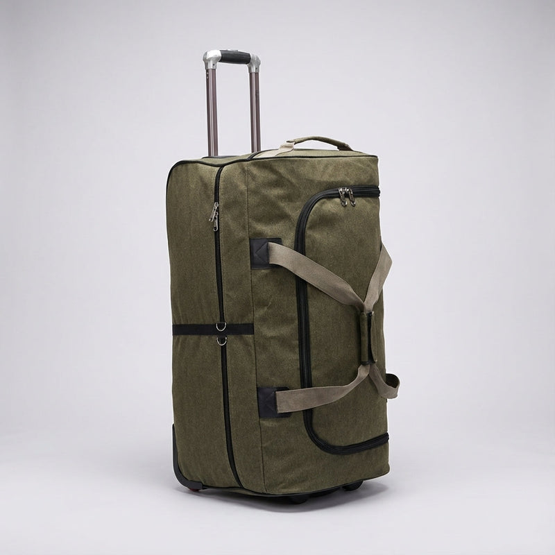 Wheeled Canvas Travel Duffel with Telescopic Handle and Zipped Pockets