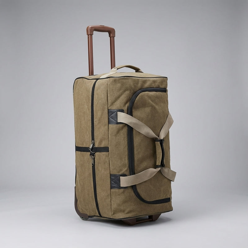 Wheeled Canvas Travel Duffel with Telescopic Handle and Zipped Pockets