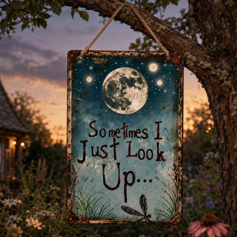 Vintage Moon & Dragonfly Hanging Garden Sign